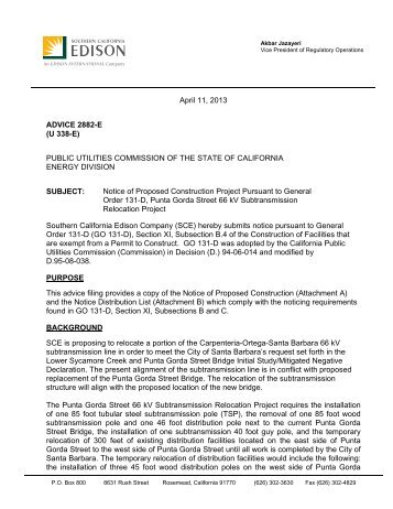 Advice 2882-E, Notice of Proposed Construction Project Pursuant to ...