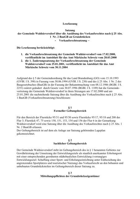 Vorkaufsrechtssatzung - Amt Märkische Schweiz