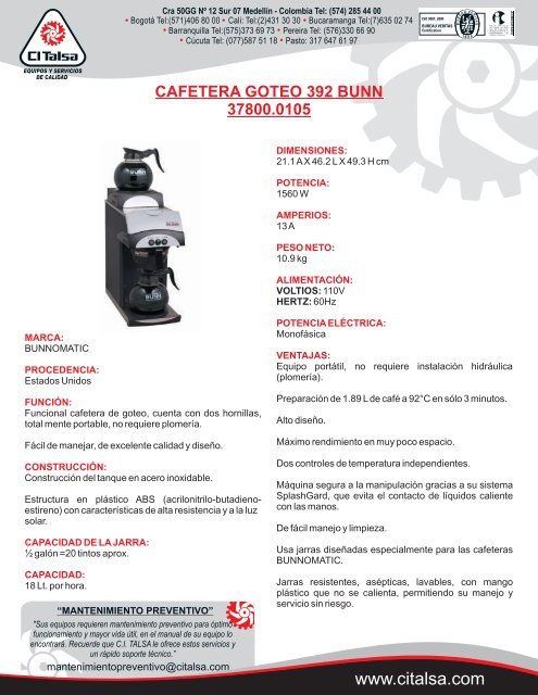 cafetera goteo 392 bunn 37800.0105 [10901001].cdr - CI Talsa