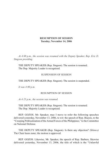 RESUMPTION OF SESSION Tuesday, November 14, 2006 At 4:00 ...
