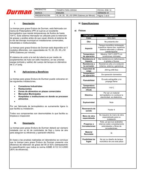 I. Descripción La trampa para grasa Endura de ... - durman.com.mx