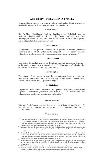 APÉNDICE IV - DECLARACIÓN EN FACTURA - SICE