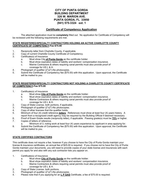 Certificate of Competency Application - City of Punta Gorda