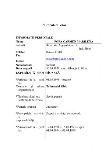 Curriculum vitae řNFORMA řř PERSONALE Nume POPA CARMEN ...