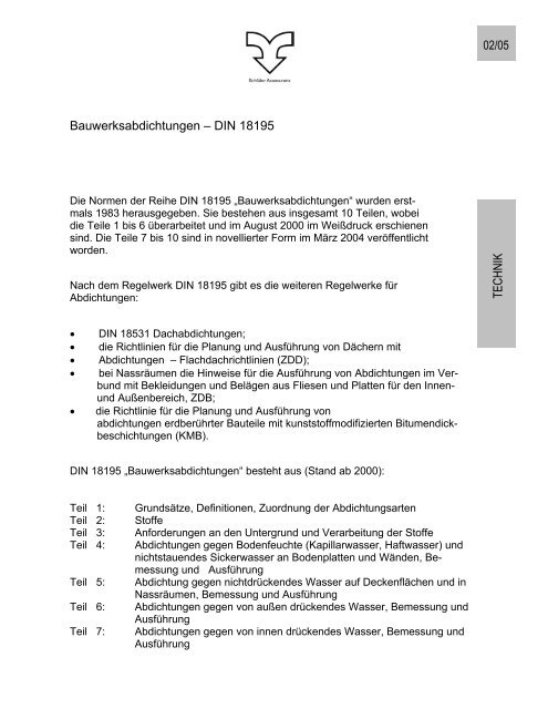 Bauwerksabdichtungen – DIN 18195 02/05 TECHNIK