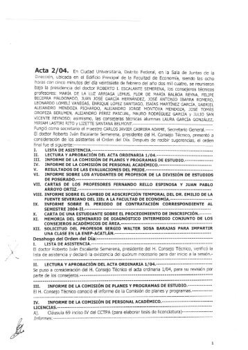 x Se puso a consideración del H. Consejo Técnico el acta ordinaria ...