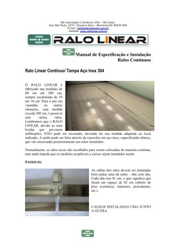 Manual de Especificação e Instalação Ralos Contínuos Ralo Linear ...