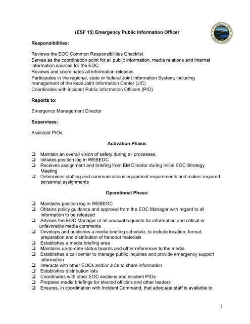 ESF 15 Emergency PIO EOC Checklist