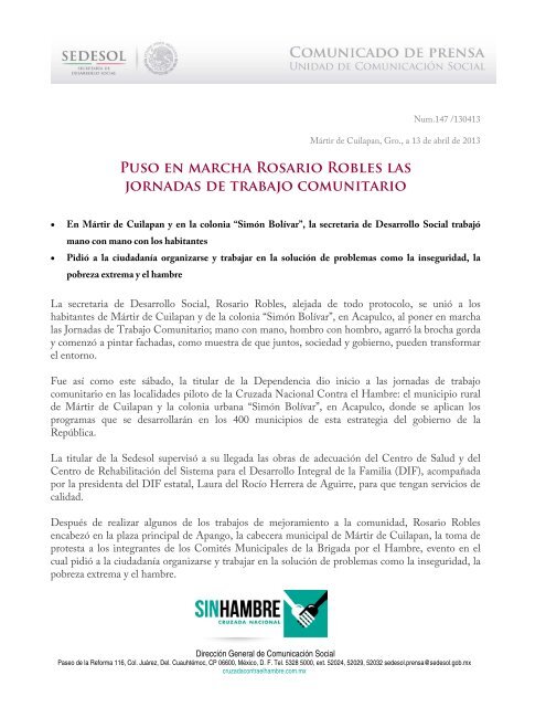 Puso en marcha Rosario Robles las jornadas de trabajo ... - Sedesol