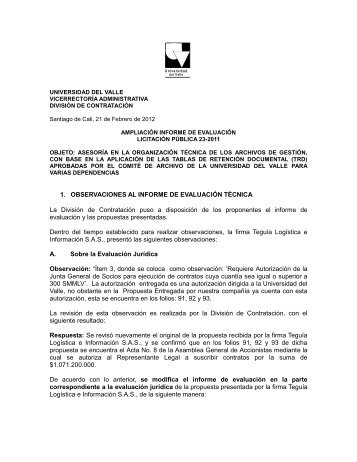 1. OBSERVACIONES AL INFORME DE EVALUACIÓN TÉCNICA La ...