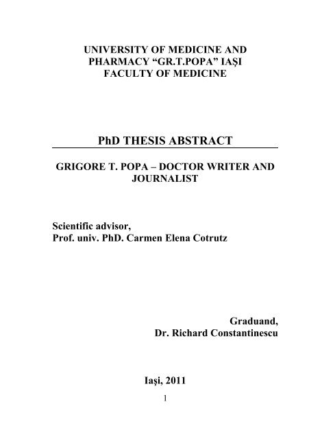 PhD THESIS ABSTRACT - Gr.T. Popa