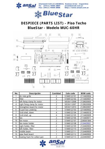 DESPIECE (PARTS LIST) - Piso Techo BlueStar - Modelo MUC-60HR