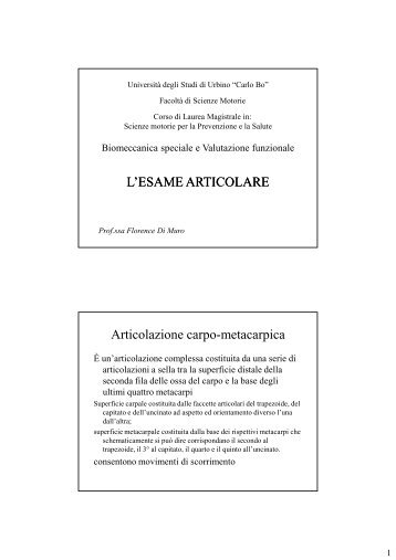 L'ESAME ARTICOLARE Articolazione carpo-metacarpica