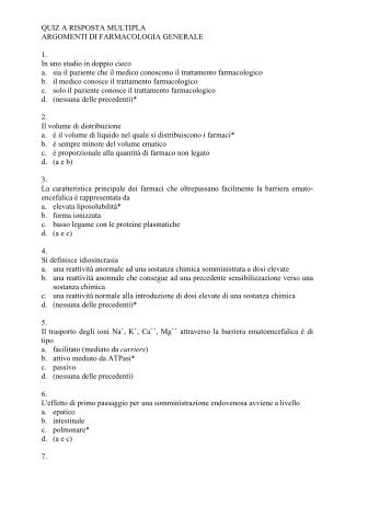 quiz a risposta multipla argomenti di farmacologia generale - Medicina