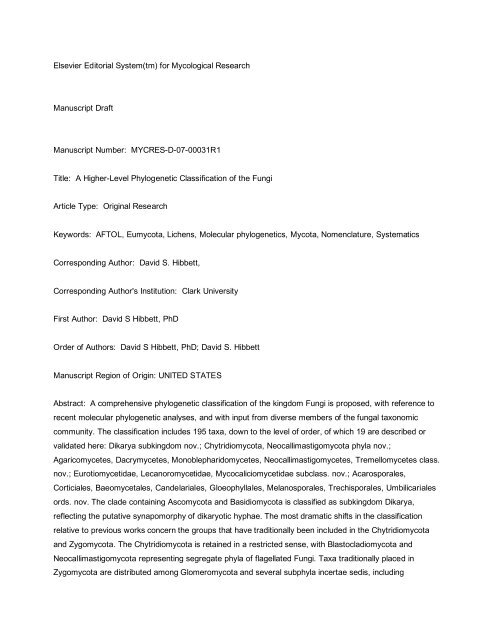 Elsevier Editorial System(tm) for Mycological ... - Clark University