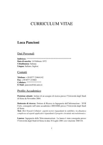 CV - Dipartimento Ingegneria dell'Informazione - Università di Siena