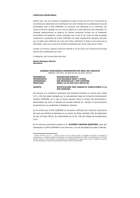 Notificación por conducta concluyente cpaca Notificación por conducta concluyente cpaca