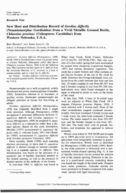 Comparative Parasitology 67(1) 2000 - Peru State College