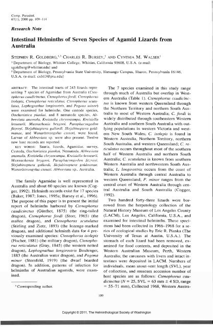 Comparative Parasitology 67(1) 2000 - Peru State College