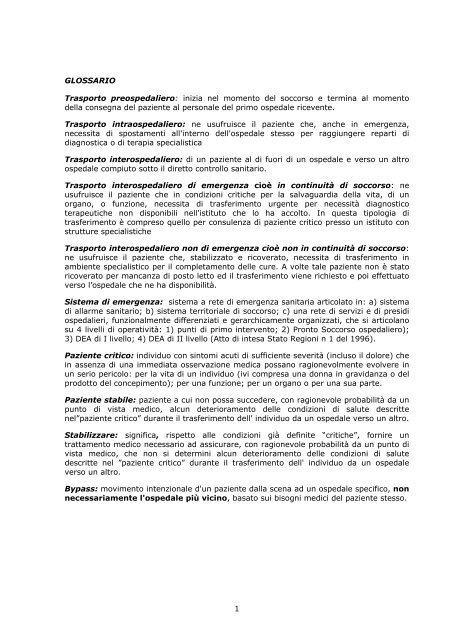 Criteri clinico-organizzativi per il trasferimento del paziente critico ...