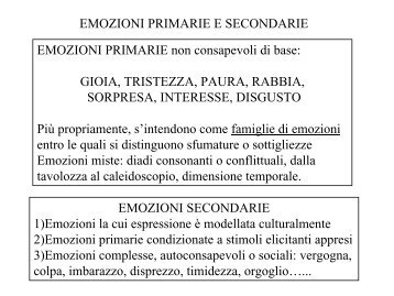 EMOZIONI PRIMARIE E SECONDARIE EMOZIONI PRIMARIE non ...