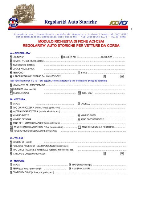 Modulo Richiesta Di Fiche Per Vetture Da Corsa Aci Csai