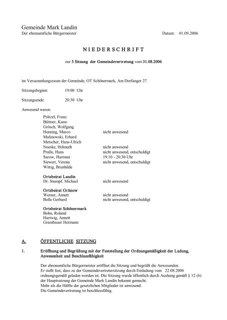 Niederschrift Gemeindevertretersitzung vom 31.08 - Amt Oder-Welse