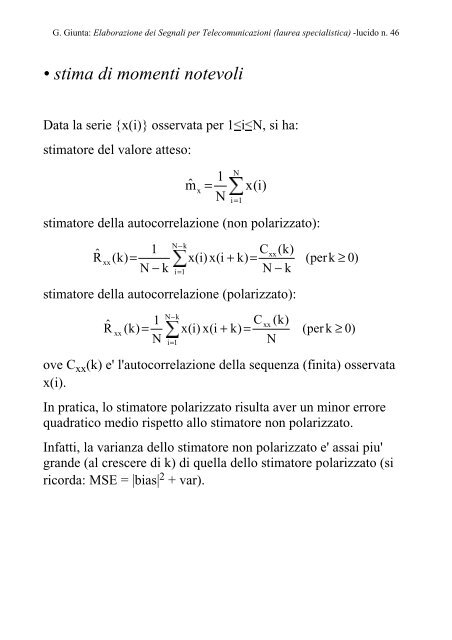 G. Giunta, Lucidi del corso Elaborazione dei Segnali per ... - Comlab