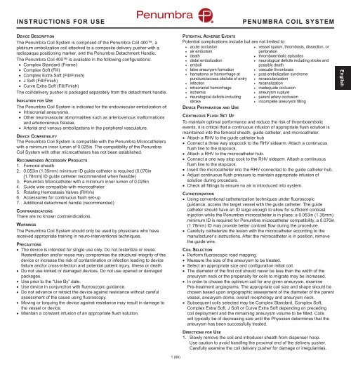 INSTRUCTIONS FOR USE PENUMBRA COIL ... - Penumbra, Inc.