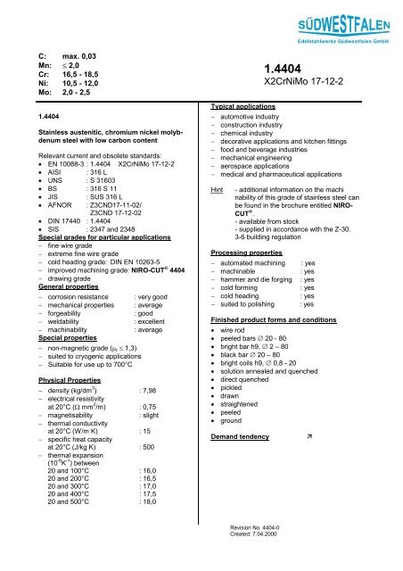 X2CrNiMo 17-12-2 - Schmolz + Bickenbach AG