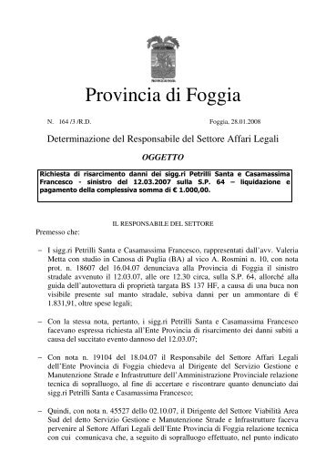 Richiesta di risarcimento danni dei sigg.ri Petrilli - Provincia di Foggia