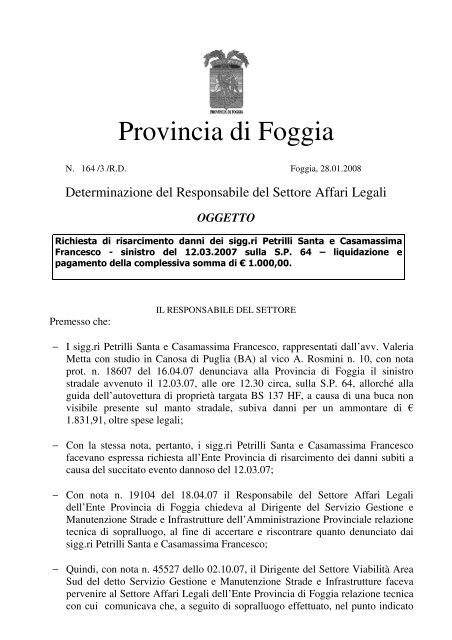 Richiesta di risarcimento danni dei sigg.ri Petrilli - Provincia di Foggia