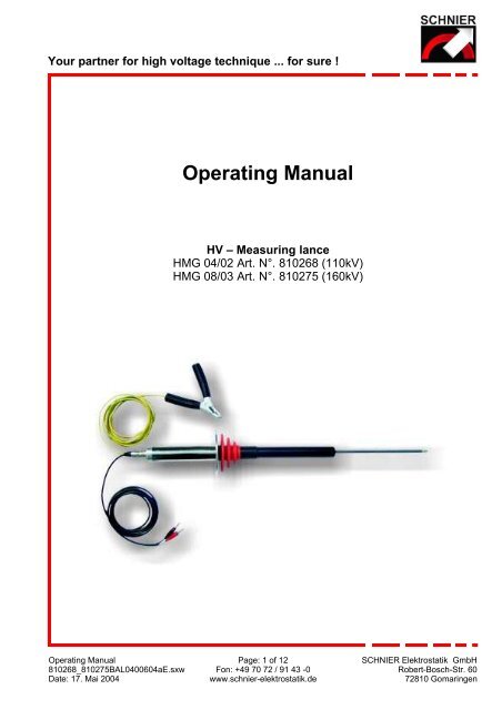 Operating Manual - SCHNIER Elektrostatik GmbH