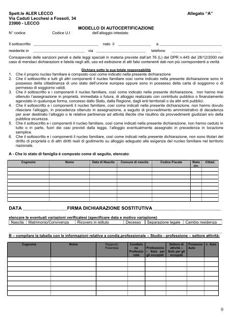 Modulo Anagrafe Aler Lecco