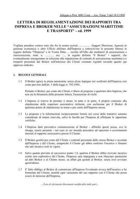 Lettera di regolamentazione dei rapporti tra impresa e broker ... - Ania