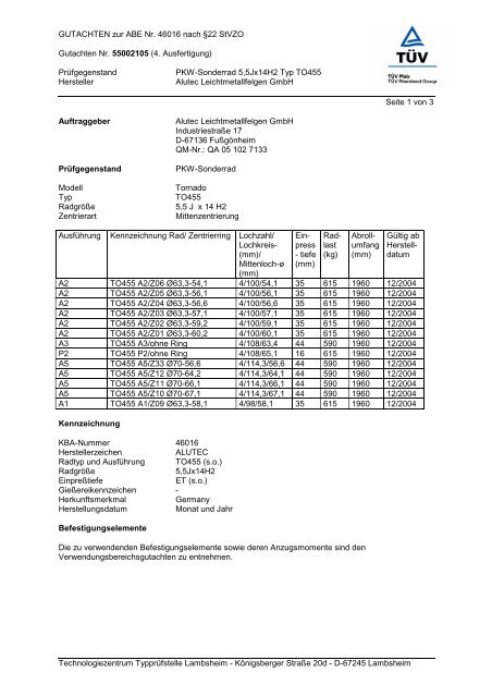 GUTACHTEN zur ABE Nr. 46016 nach §22 Stvzo ... - Alutec