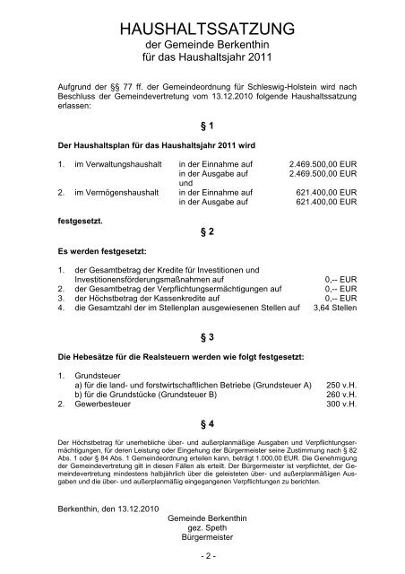 Haushaltssatzung der Gemeinde Berkenthin für ... - Amt Berkenthin