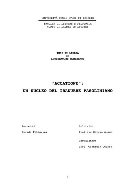 “accattone”: un nucleo del tradurre pasoliniano - Pier Paolo Pasolini