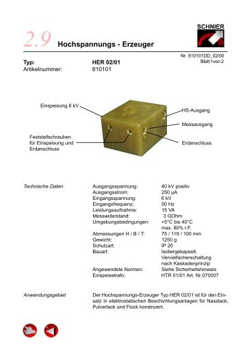 Hochspannungs - Erzeuger - SCHNIER Elektrostatik GmbH