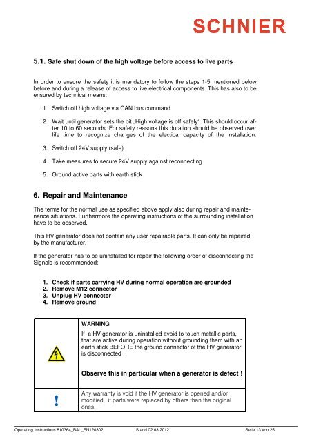 Operating Manual - SCHNIER Elektrostatik GmbH