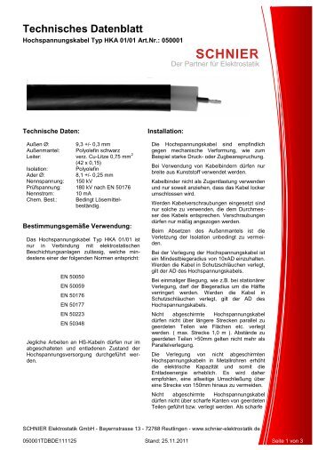 Technisches Datenblatt - SCHNIER Elektrostatik GmbH