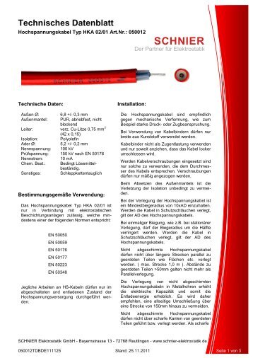 Technisches Datenblatt - SCHNIER Elektrostatik GmbH