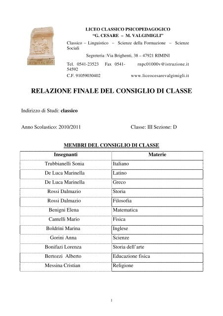 RELAZIONE FINALE DEL CONSIGLIO DI CLASSE - Liceo Classico ...