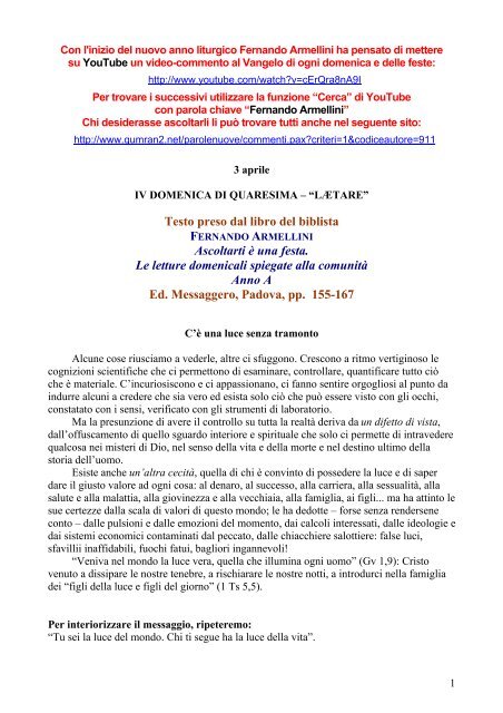 Commenti alle letture domenicali - 04 Aprile 2011 - Padre Lino Pedron