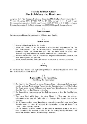 Satzung der Stadt Bützow über die Erhebung einer Hundesteuer