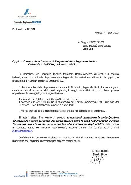 Convocazione Incontro di Rappresentativa Regionale Indoor