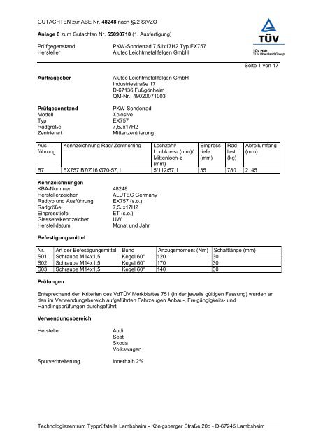 GUTACHTEN zur ABE Nr. 48248 nach §22 Stvzo Anlage 8 ... - Alutec