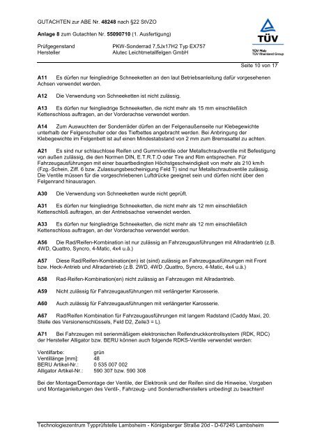 GUTACHTEN zur ABE Nr. 48248 nach §22 Stvzo Anlage 8 ... - Alutec