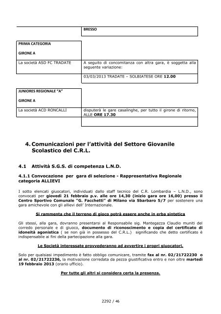 Comunicato Ufficiale N° 46 del 14/02/2013 - Lariosport