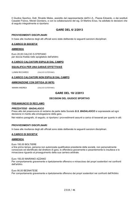 Comunicato Ufficiale N° 46 del 14/02/2013 - Lariosport